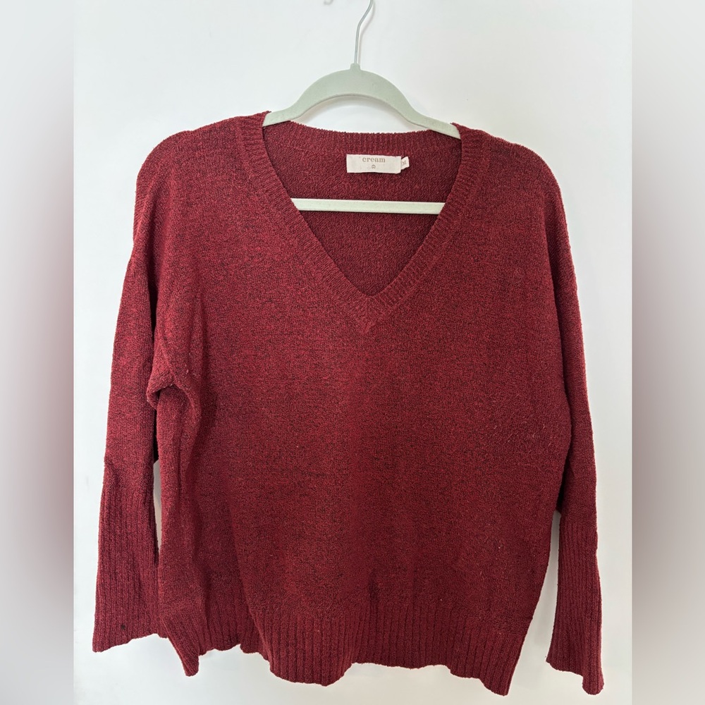 DK Brand Cream Classic V-Neck Sweater in Burgundy Red - Size Medium